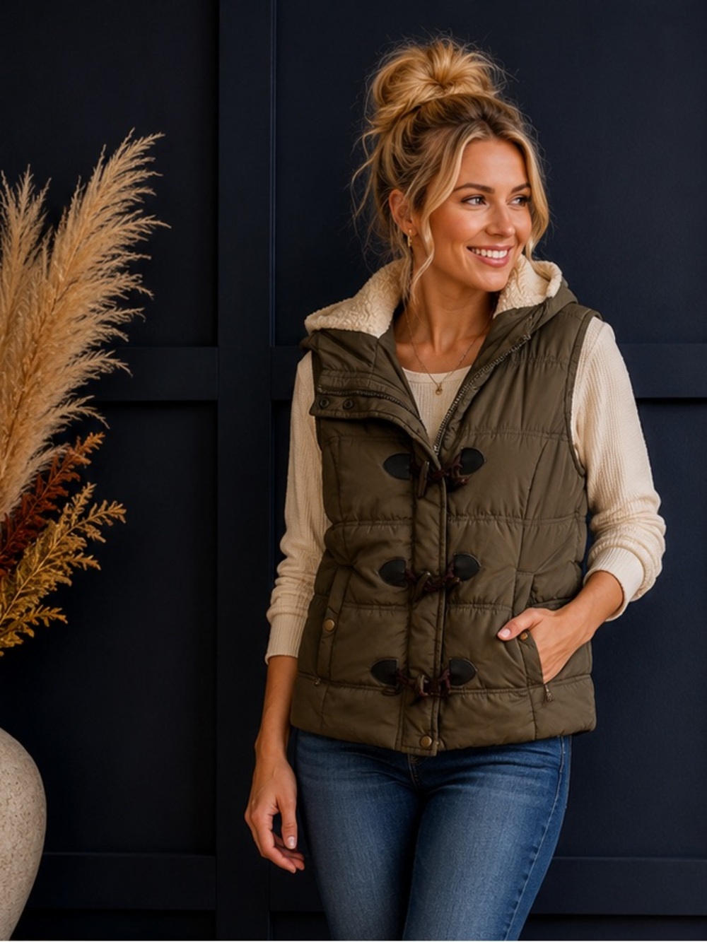 Maurices L - XL Hunter Green Sherpa Hood Quilted Toggle Vest